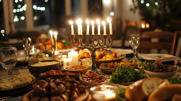 Photo festive hanukkah table setting with burning menorah and traditional dishes