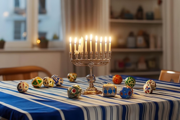 Photo festive hanukkah table with blue and white striped tablecloth lit menorah and playful dreidels adding charm and warmth