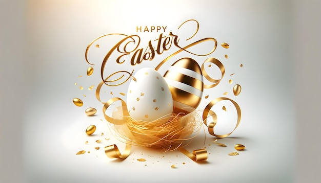 Festive Happy Easter message with gold eggs white stripes and confetti on a white background