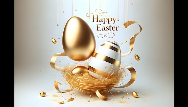 Festive Happy Easter message with gold eggs white stripes and confetti on a white background