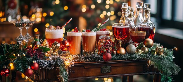 Festive Holiday Bar Cart with Christmas Drinks and Decorations for Elegant Holiday Gatherings