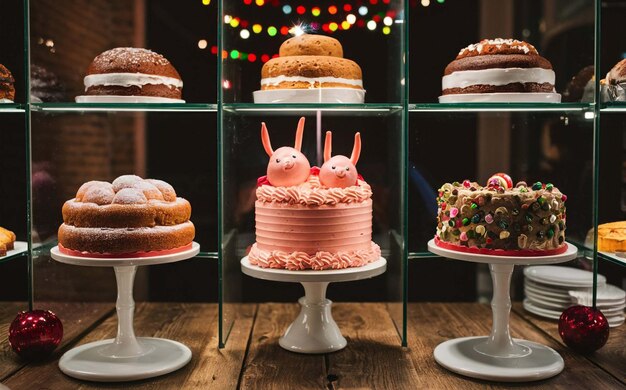 Photo festive holiday cakes displayed in bakery window