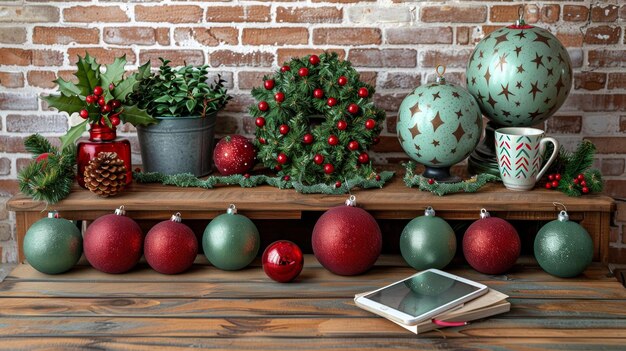 Photo festive holiday decorations christmas ornaments and potted plants on brick wall