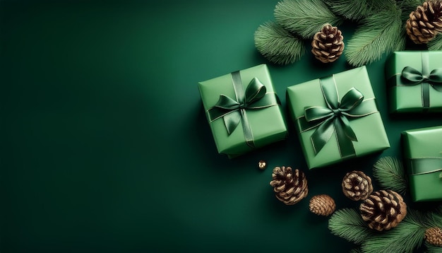 festive holiday decorations with green gifts and pine cones on a dark green background generative