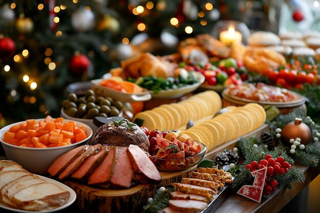 Photo festive holiday feast delicious food on decorated table gourmet dishes christmas lights luxurious celebration concept