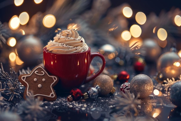 Photo festive holiday hot chocolate with whipped cream and gingerbread cookie amid decorations and lights