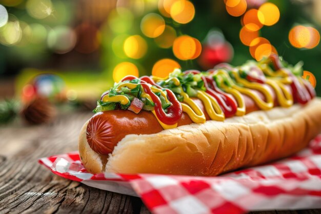 Photo festive holiday hot dog with mustard relish and tomatoes set against a christmas lights background