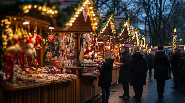 Photo festive holiday market filled with decorations and treats in a european city during the evening