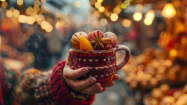 Festive holiday market with hands holding a steaming cup of mulled wine