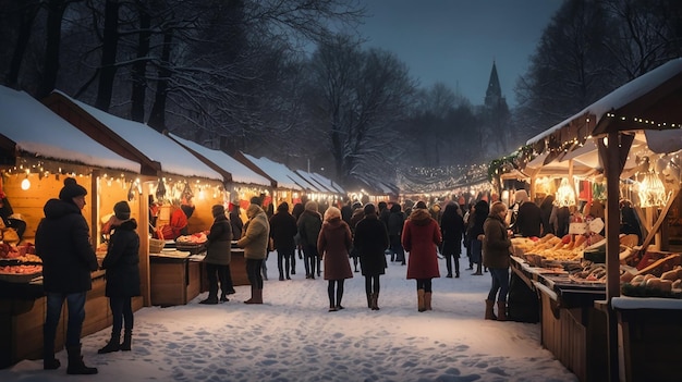 Photo festive holiday market with snowcovered stalls winter decorations and cheerful atmosphere