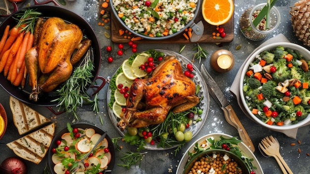 Festive Holiday Meal with Roasted Turkey Barley Salad Steamed Carrots and Seasonal Decorations