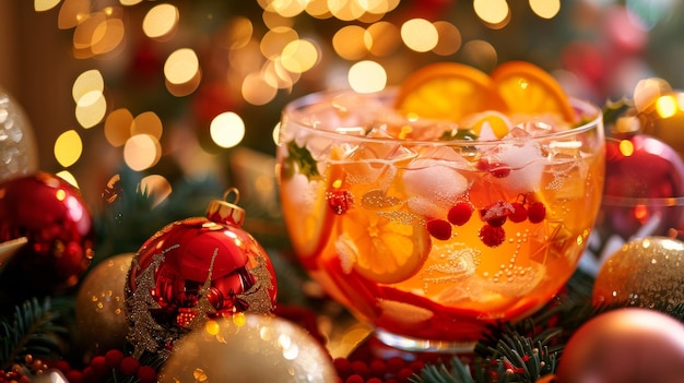 Festive Holiday Punch Bowl with Colorful Beverages and Christmas Decorations for Celebration