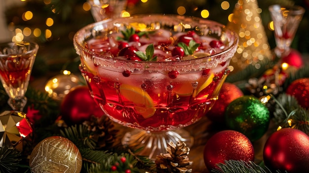 Festive Holiday Punch Bowl with Colorful Beverages and Christmas Decorations for Party Celebrations