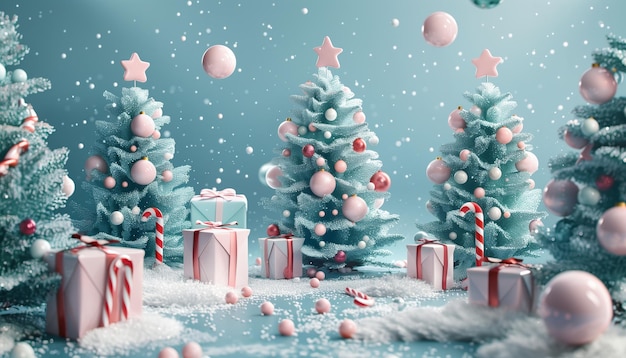 Festive Holiday Scene Christmas Trees With Presents Ornaments Sweets And Snow Against A Beautiful Blue Background