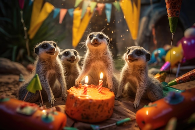 Festive holiday suricats with party cake and candles created with Generative AI