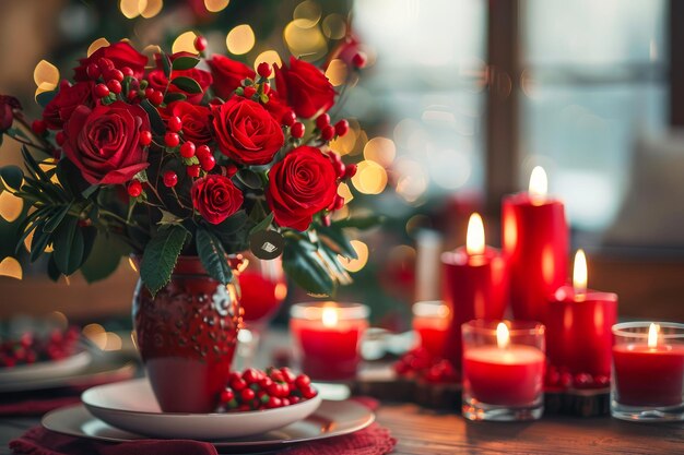 Festive Holiday Table Setting with Red Roses and Candles for a Warm Romantic Christmas Dinner