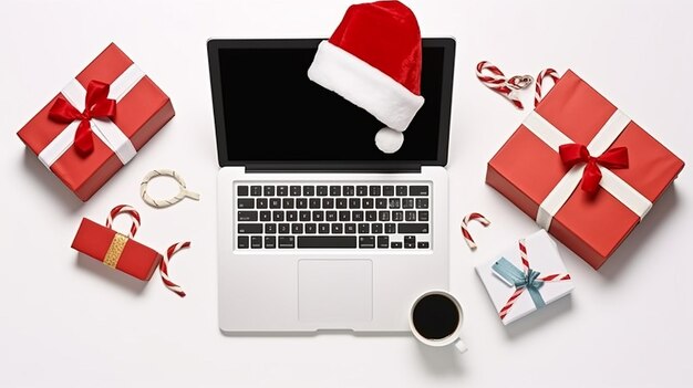 Festive Holiday Workspace Delight Professional Santa Hat and Gifts Office Desk