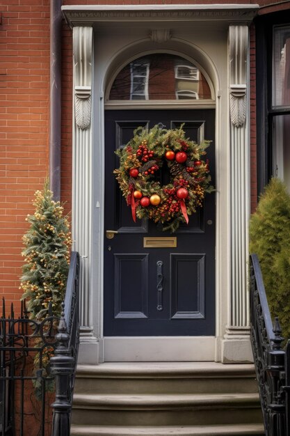 Festive holiday wreath on a front door created with generative ai