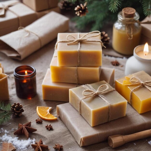 Festive holidaythemed soap and candles arranged on a table