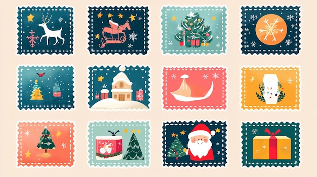 Photo festive holidaythemed stamps featuring christmas scenes reindeer santa claus and winter decorations in vibrant colors