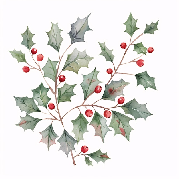 Festive holly branch with vibrant red berries and lush green leaves perfect for holiday decorations and seasonal designs This beautiful plant adds cheerful touch to any festive setting