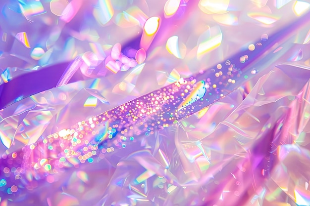 Festive holographic ribbon with sparkling crystal reflections and bokeh light effect on cheerful dis