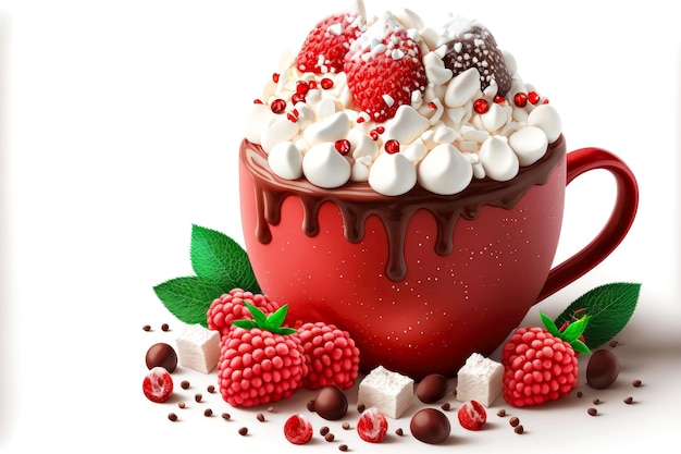 Festive hot chocolate red cup with marshmallows and berries on white background