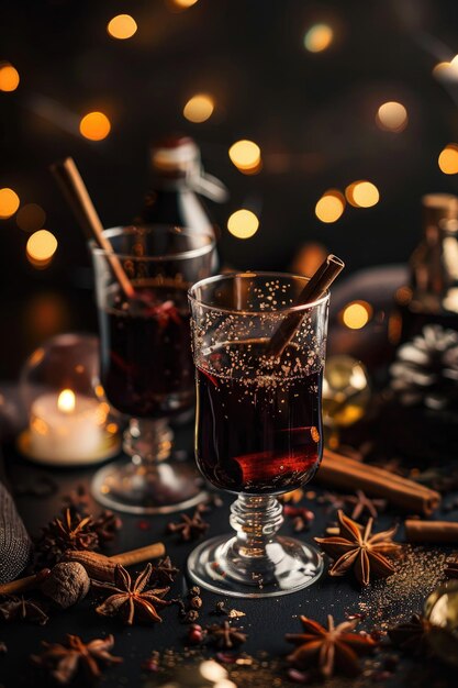 Photo festive hot mulled wine with spices and citrus in glasses for holiday celebration