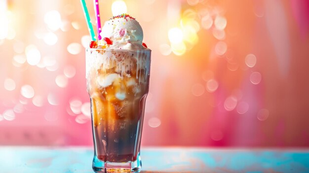 Photo festive ice cream float with soda and a colorful straw in a tall glass