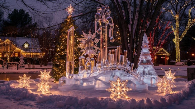 Festive Ice Sculpture Display in Snowy Park with Holiday Lights and Decorations at Dusk