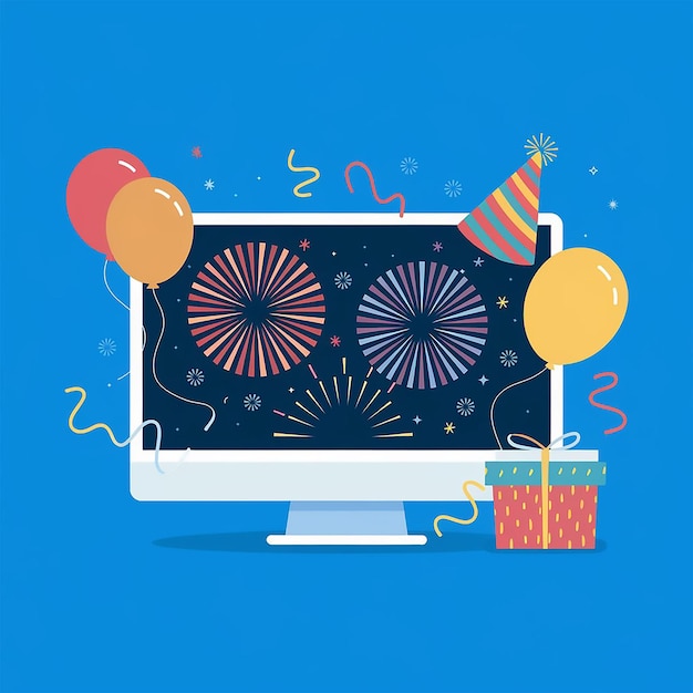 Photo a festive illustration of a computer screen with fireworks balloons and a party hat flat art