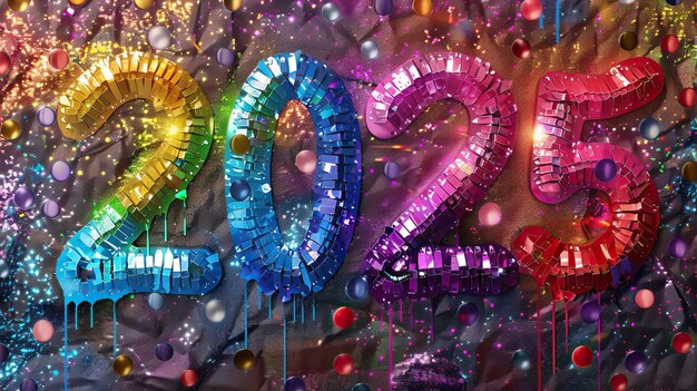 Photo festive image of colorful glittery balloons forming the number 2025