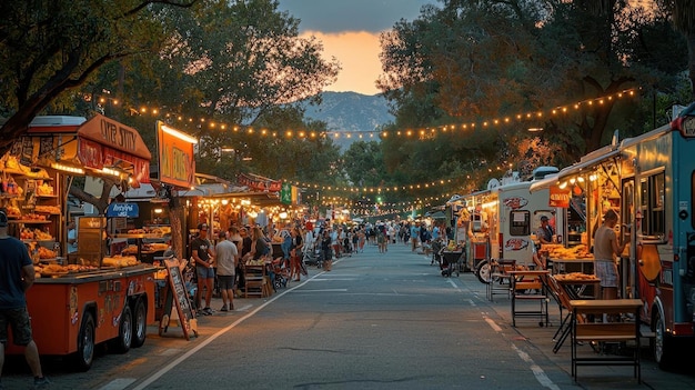 A festive image of a Labor Day street fair with food trucks games and entertainment for all ages