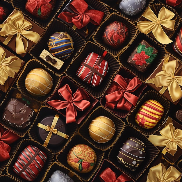 festive image of a tray of assorted chocolates in holiday wrappers