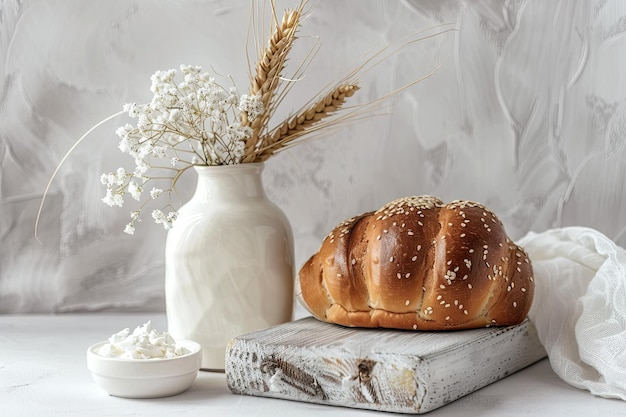 Festive Jewish holiday composition for Shavuot with dairy products on a white board and bread in a v