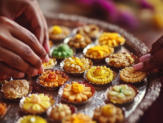 Photo festive joy in every detail hands crafting colorful diwali sweets for celebration