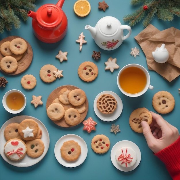 Photo festive joy hand decorating christmas cookies and tea