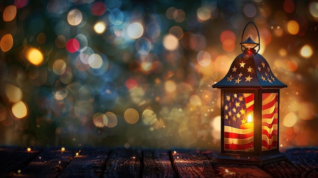 Photo festive lantern with flag design glowing in bokeh light background