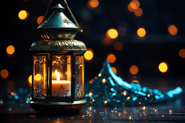 Festive lanterns with burning candles for Ramadan Islamic Muslim religious event Dark background