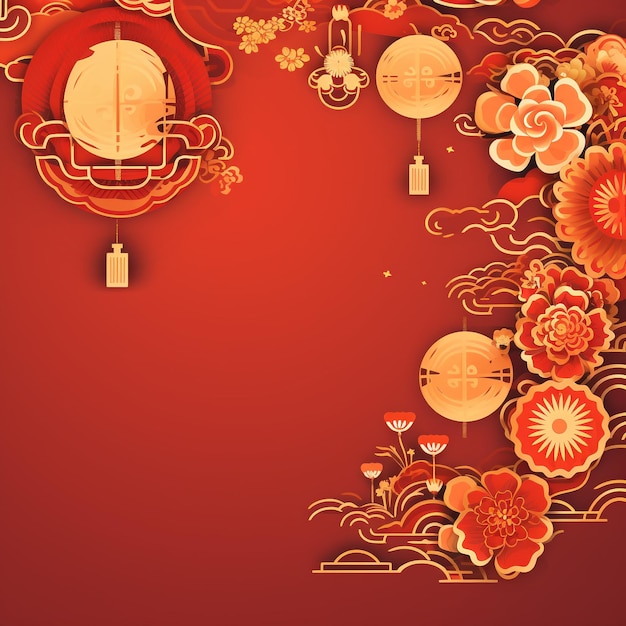 Festive Lunar New Year Background With Chinese Lanterns Flowers And Vibrant Floral Elegance