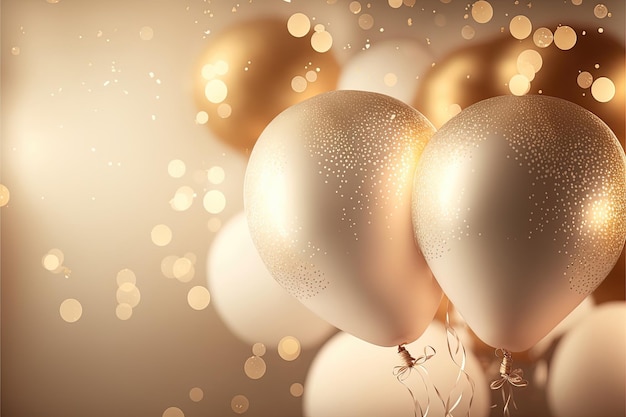 Festive luxury background with golden inflatable balloons confetti blurred background with bokeh effect Ai generated