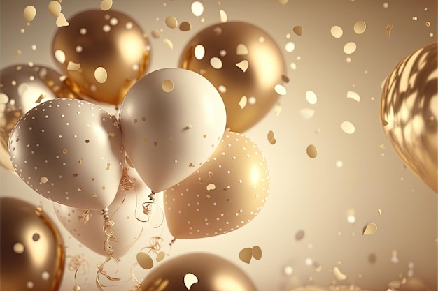 Festive luxury background with golden inflatable balloons confetti blurred background with bokeh effect Ai generated