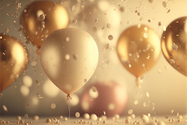 Festive luxury background with golden inflatable balloons confetti blurred background with bokeh effect Ai generated