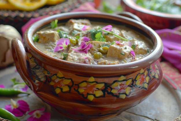 Festive matar paneer with edible flowers