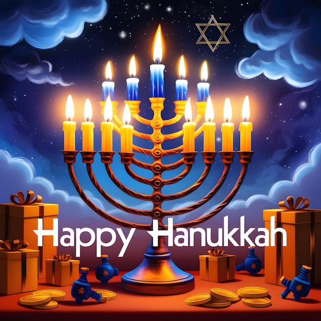 Photo festive menorah lighting under a starry night warm and magical hanukkah celebration scene