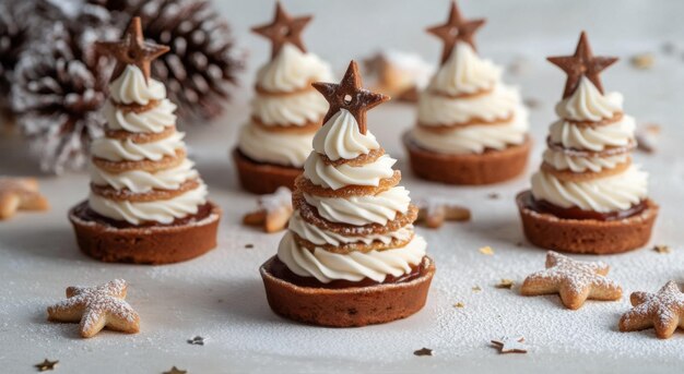 Photo festive mini dessert trees decorated with golden stars on a white table with pinecones