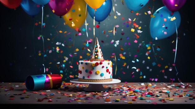 Festive multicoloured cake with balloons confetti copypace Created with Generative AI technology