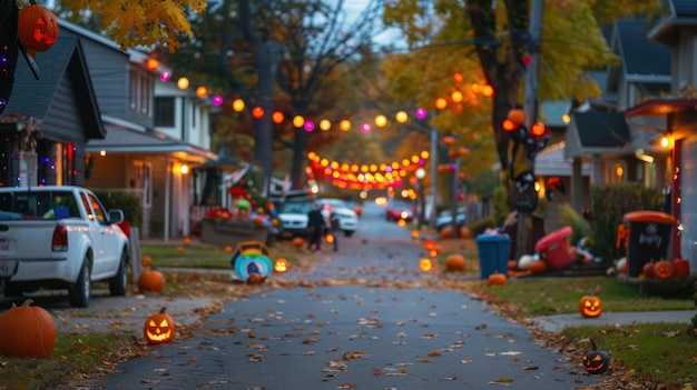 Photo a festive neighborhood block party with halloween decorations everywhere