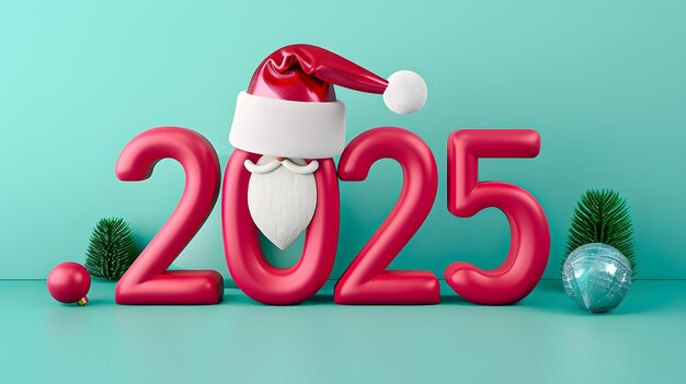 Festive New Year 2025 setup featuring bold pink numbers a Santa hat with a white beard and holiday decorations on a teal background