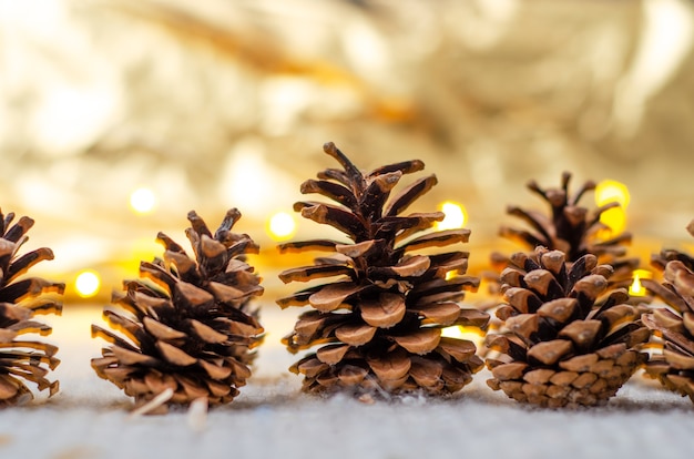 Festive new year cones and lights.